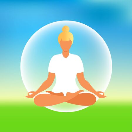 Woman meditating on nature background. Meditation concept. Woman sitting in lotus position practicing meditation. Vector illustration in flat style.のイラスト素材