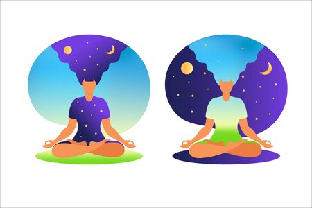 Woman meditating with nature background and her hair up. Meditation concept. Woman sitting in lotus position practicing meditation. in lotus pose. Vector illustration in flat style.のイラスト素材