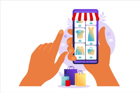 Shopping online on mobile phone. Online store payment. Bank credit cards, secure online payments and financial bill. Smartphone wallets, digital pay technology. Flat vector illustration.のイラスト素材