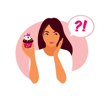 Nutrition concept. Woman choosing between healthy meal and unhealthy food. Vector illustration. Flat.のイラスト素材