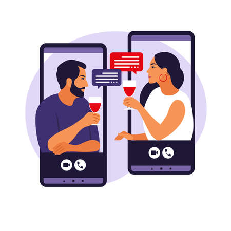 Virtual relationships concept. Woman and man in virtual date, wine party on self isolation. Vector.のイラスト素材