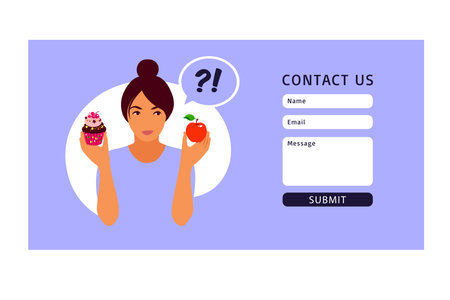 Contact us form. Lifestyle and nutrition concept. Woman choosing between healthy meal and unhealthy food. Flat illustration.のイラスト素材