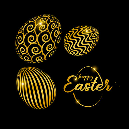 Happy Easter celebration card with golden decorated easter eggs. The poster with the golden text Happy Easter on a black background. Vector Illustration.のイラスト素材