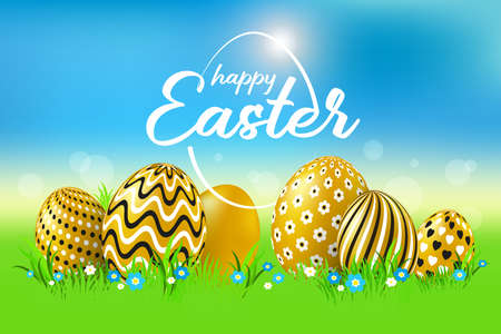 Happy Easter celebration card with golden decorated easter eggs. The poster with the golden text...