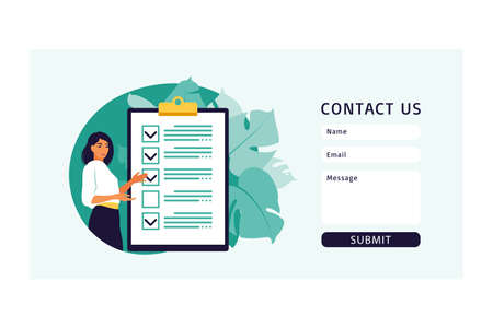 Contact us form template for web. Checklist, to-do list. List or notepad concept. Business idea, planning or coffee break. Vector illustration. Flat style.のイラスト素材