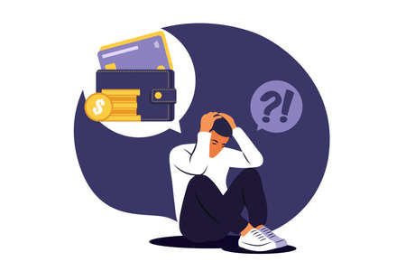 Depressed sad man thinking over problems. Bankruptcy, loss, crisis, trouble concept.のイラスト素材