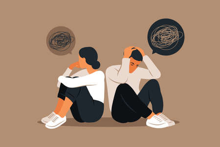 Man and a woman in a quarrel. Conflicts between husband and wife. Two characters sitting back to back, disagreement, relationship troubles. Concept of divorce, misunderstanding in family. Vector.のイラスト素材