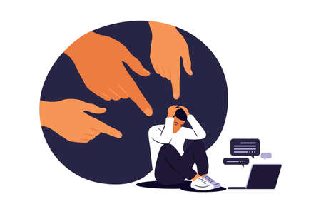Cyber bullying concept. Depressed man sitting on the floor. Opinion and the pressure of society. Shame. Vector flatのイラスト素材
