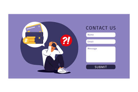 Financial problems and bankruptcy concept. Contact us form. Depressed young man sits and thinks about finding money to pay bills. Vector illustration. Flat.のイラスト素材