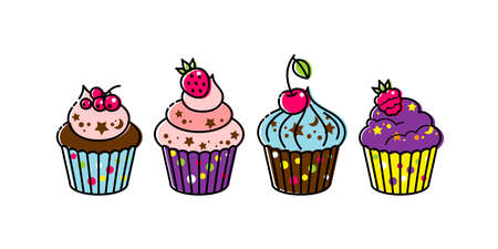 Icon cupcake with berries on a white background. Cupcake in flat style. Vector illustration.のイラスト素材