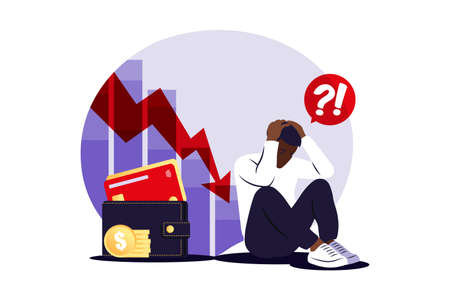 Depressed sad african man thinking over problems. Bankruptcy, loss, crisis, trouble concept. Vector illustration. Flat.のイラスト素材