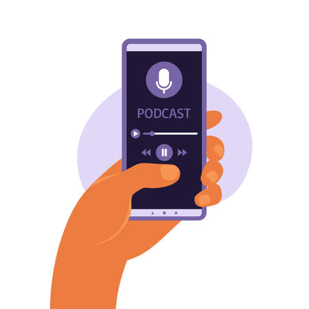 Cell phone app with podcast on screen smartphone. Smartphone in hand flat vector illustration. Man listening to podcast or online course.のイラスト素材
