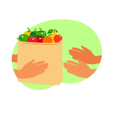 Online food order. Contactless express safe delivery service. Paper package with fresh food from supermarket in gloves hands. Care about health. Flat style.のイラスト素材