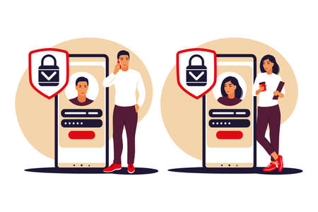 Sign up concept. Young people signing up or login to online account on smartphone app. Secure login and password. Vector illustration. Flat.のイラスト素材