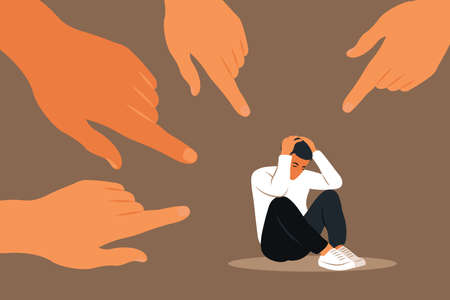 Hands of people point to the girl. Non-confident man. Opinion and the pressure of society. Shame. Vector flatのイラスト素材