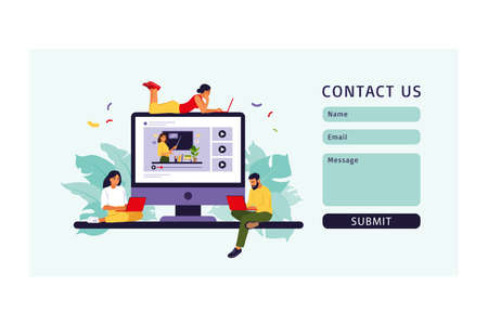Young people studying in online school. Contact us form for web. Vector illustration. Flat style