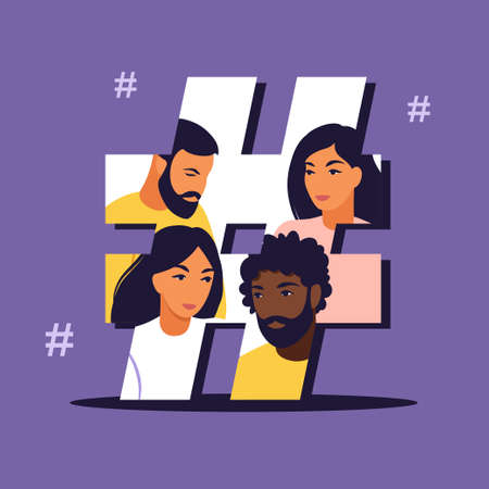Hashtag and social media concept. Young people with hashtag symbol. Vector illustration. Isolated...