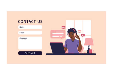 Concepts ourselves consulting, job online, remove job, call center. Contact us form. for web. Operator african girl with computer, headphones and microphone.のイラスト素材