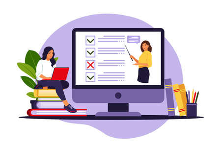 Concept of online exam on internet. Woman sitting near online form survey on laptop. Questionnaire, web learning, electronic voting. Vector illustration.のイラスト素材