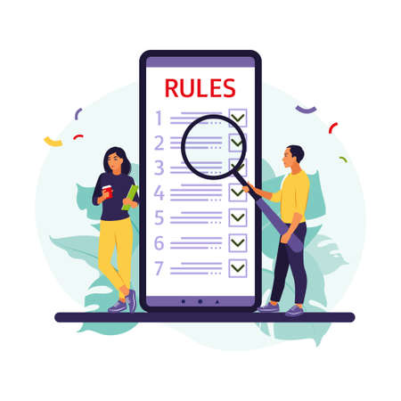 People studying list of rules, making checklist, reading guidance. Vector illustration. Flat styleのイラスト素材