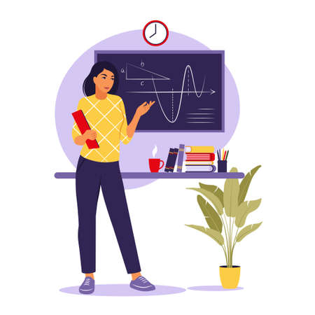 Teaching concept. Woman teacher near blackboard. Vector illustration. Flatのイラスト素材