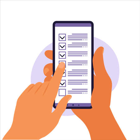 Checklist on smartphone screen. Online survey concept. Hand holds mobile phone and check list with checkmark. Vector illustration. Flatのイラスト素材