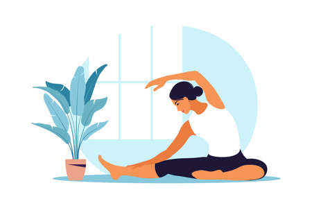 Young woman practices yoga. Physical and spiritual practice. Vector illustration in flat cartoon style.のイラスト素材
