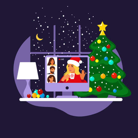 Happy friends celebrate Christmas and new year. Home online party. Girl in a Santa hat communicates with friends through a video call. Vector. Flat.のイラスト素材