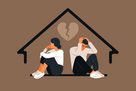 Man and a woman in a quarrel. Conflicts between husband and wife. Two characters sitting back to back, disagreement, relationship troubles. Concept of divorce, misunderstanding in family. Vector.のイラスト素材