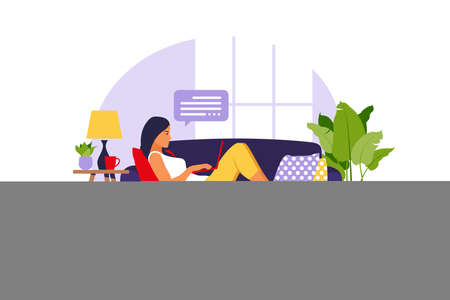 Woman lies with laptop on sofa. Concept illustration for working, studying, education, work from home. Flat. Vector illustration.のイラスト素材
