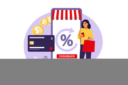 Cash back concept. Saving money. Loyalty program. Rebate program. Selling discount concept. Cash back service. Cost transfer. Vector illustration. Flat.のイラスト素材