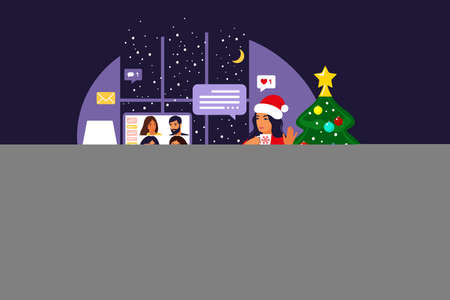 Happy friends celebrate Christmas and new year. Home online party. Girl in a Santa hat communicates with friends through a video call. Vector. Flat.のイラスト素材