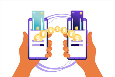 Flat design style vector illustration of modern smartphone with processing of mobile payments from credit card on the screen. Near field communication technology concept. Isolated on red backgroundのイラスト素材