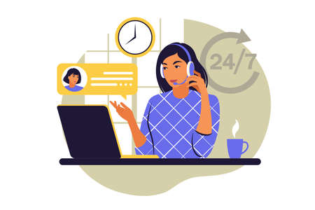 Customer service concept. Woman with headphones and microphone with laptop. Support, assistance, call center. Vector illustration. Flat styleのイラスト素材