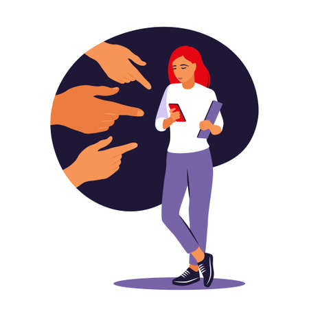 Bullying concept. Opinion and the pressure of society. Shame. Hands of people point to the girl. Non-confident woman. Vector. Flatのイラスト素材