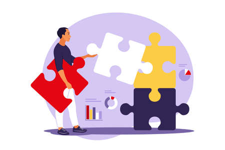 Problem solving. creative decision, difficult task concept. Man assembling puzzle. Cooperation and teamwork. Vector illustration. Flat.のイラスト素材
