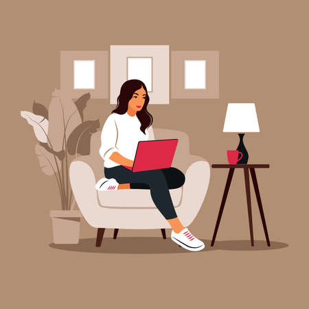Woman sitting with laptop. Concept illustration for working, studying, education, work from home, healthy lifestyle. Can use for backgrounds, infographics, hero images. Flat. Vector illustration.のイラスト素材