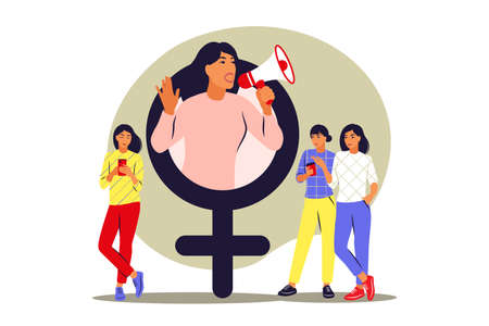 Feminism concept. Girl power and feminist movement. Woman with megaphone. Vector illustration. Flat.のイラスト素材