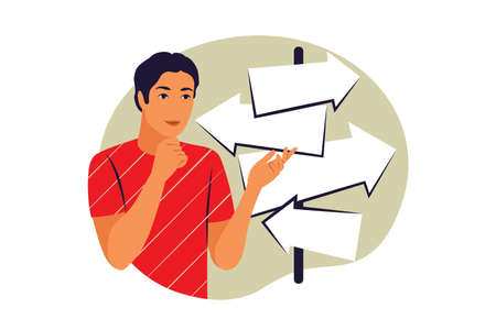 Decision making concept. Path, direction choosing. Decision making, problem solving activity, best decision here concept. Vector illustration. Flatのイラスト素材