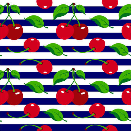 Cherry pattern on white and blue background, wrapping paper, seamless pattern, vector textile fabric...