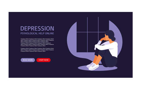 Young depressed woman sitting at window. Depression, health, stress and emotion concept for website design or landing web page.のイラスト素材