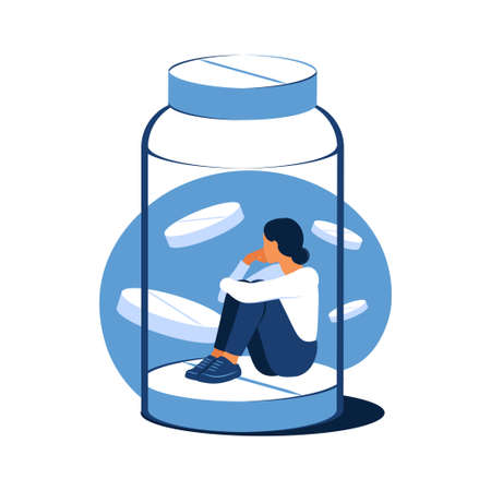 Concept of antidepressants. Depressed woman is sitting trapped in a pill bottle. Medicine. Addiction. Flat. Vector illustration.のイラスト素材