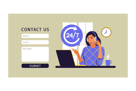 Service 24 7 concept. Call center support. Contact us form for web. Vector illustration. Flat.のイラスト素材