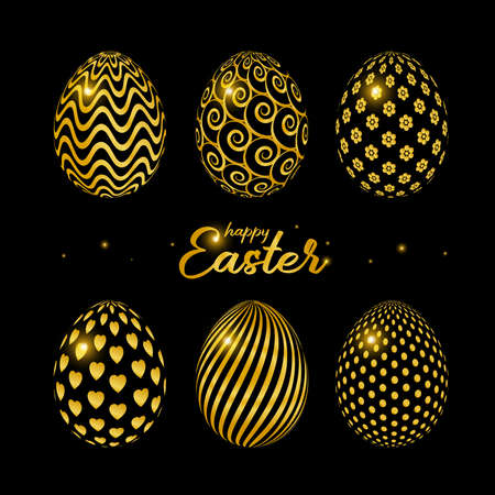 Happy Easter celebration card with golden decorated easter eggs. The poster with the golden text Happy Easter on a black background. Vector Illustration. Greeting card template design.のイラスト素材