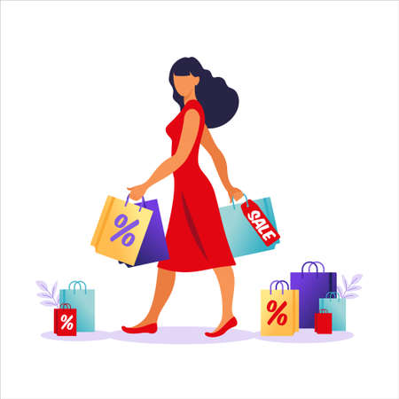 Young woman with paper bags go with sales. Concept of online and offline shopping, sale, discount. Vector illustration for web banner, infographics, mobile. Vector illustration in flat style.のイラスト素材