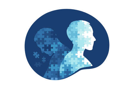 Mental illness and disorder concept. Head profile with of a healthy man and head profile with puzzle pieces falling apart. Vector illustration. Flat.のイラスト素材