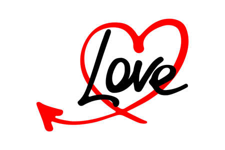 Love word in red heart. Hand drawn lettering. Vector illustration.のイラスト素材