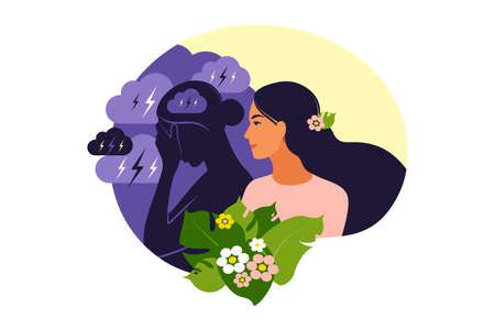 Psychotherapy or psychology support concept. Two woman different states of consciousness mind - depression and positive mental health mood. Vector illustration. Flatのイラスト素材