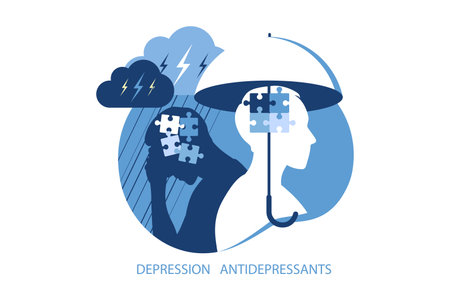 Mental health, antidepressants and depression psychology concept. Two man different states of consciousness mind - depression and positive mental health mood. Vector illustration. Flatのイラスト素材