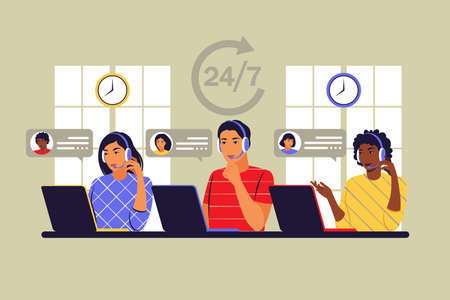 Customer service operators concept. Consulting clients 24 for 7. Virtual call center, handling call system. Vector illustration. Flatのイラスト素材